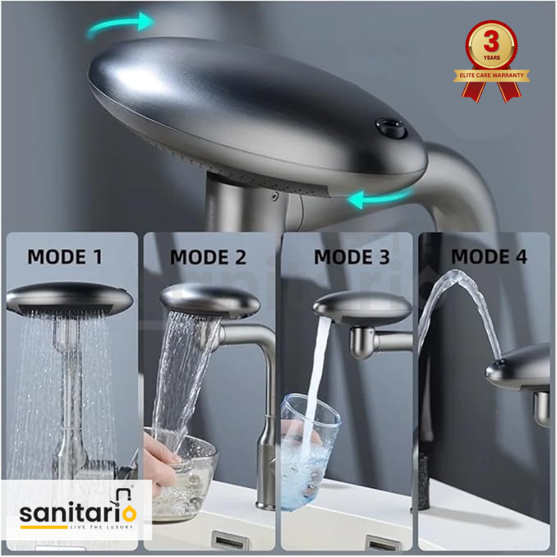 360° Rotatable Waterfall Faucet – 4 Modes, Hot & Cold Mixer for Bathroom & Kitchen